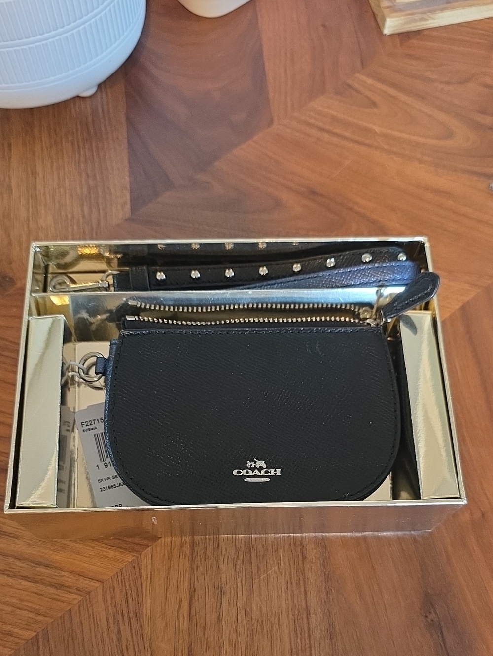 Coach Black Leather Zip Wristlet with Studded Strap